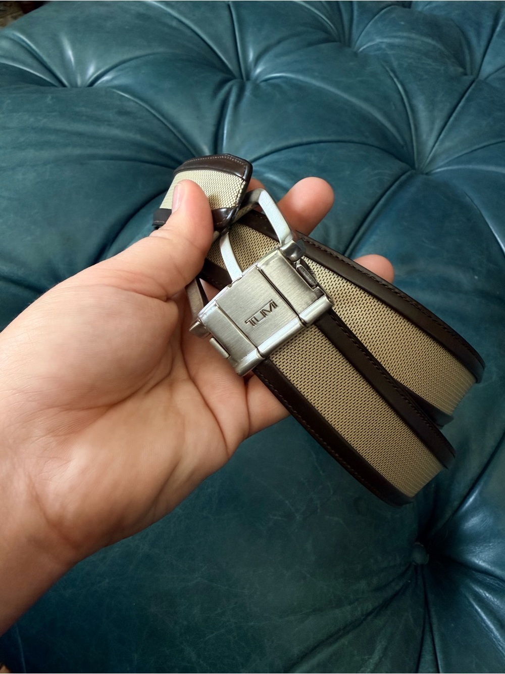 Tumi Dark Brown Leather Belt with Brushed Silver Buckle-reversible. 43” - Picture 4 of 5